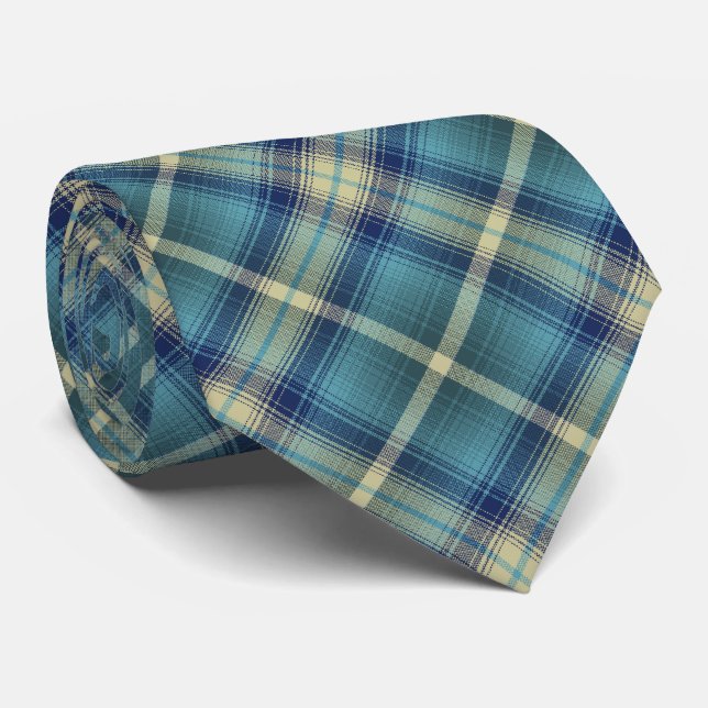 Western Shadow Plaid Navy and Teal Two-sided Tie (Rolled)