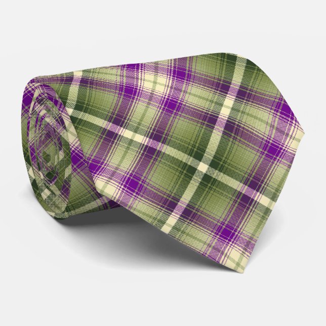 Western Shadow Plaid Olive and Violet Two-sided Tie (Rolled)