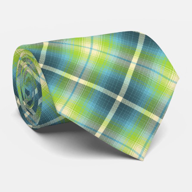 Western Shadow Plaid Teal and Lime Two-sided Tie (Rolled)
