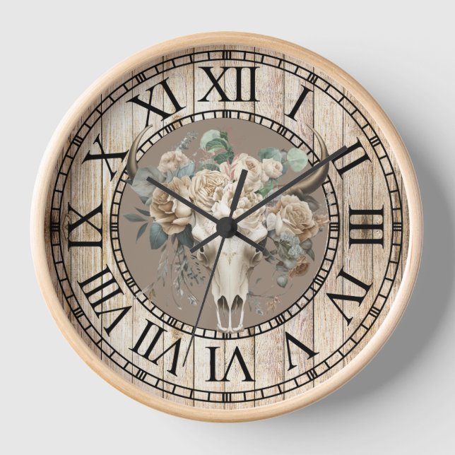 Western skull white rose eucalyptus western chic clock (Front)