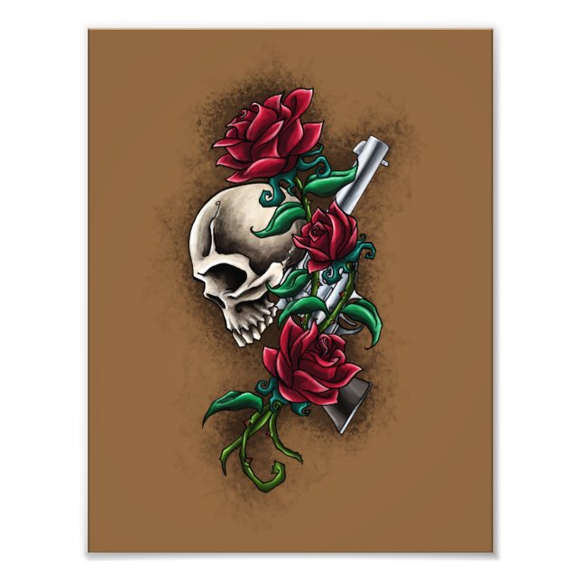 Western Skull with Red Roses and Revolver Pistol Photo Print (Front)