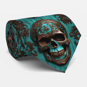 Western Southern Brown Turquoise Sugar Skull  Tie
