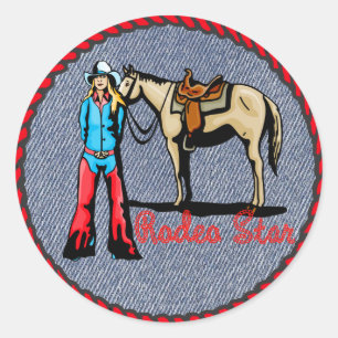 Western Sticker Cowgirl Rodeo Star On Denim Print