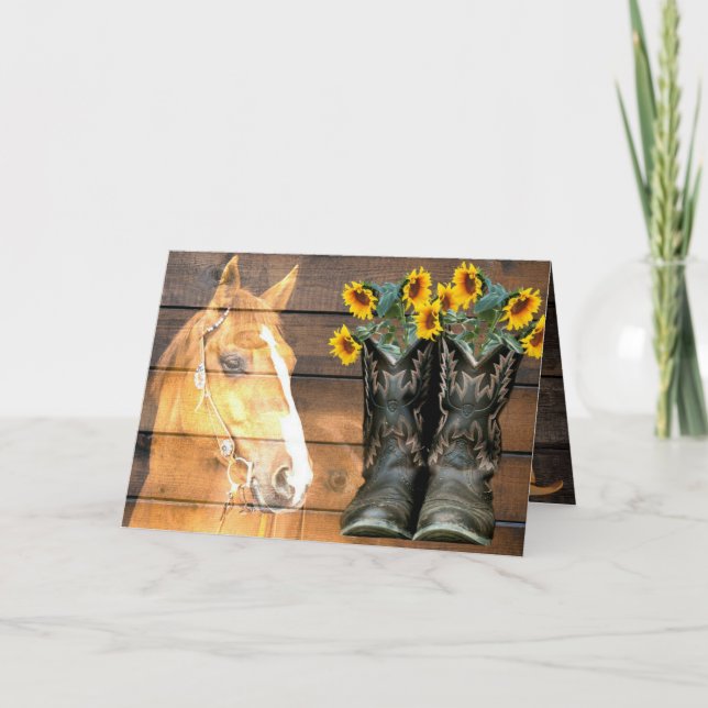 Western Style Horse And Cowboy Boots Sunflowers Note Card (Front)