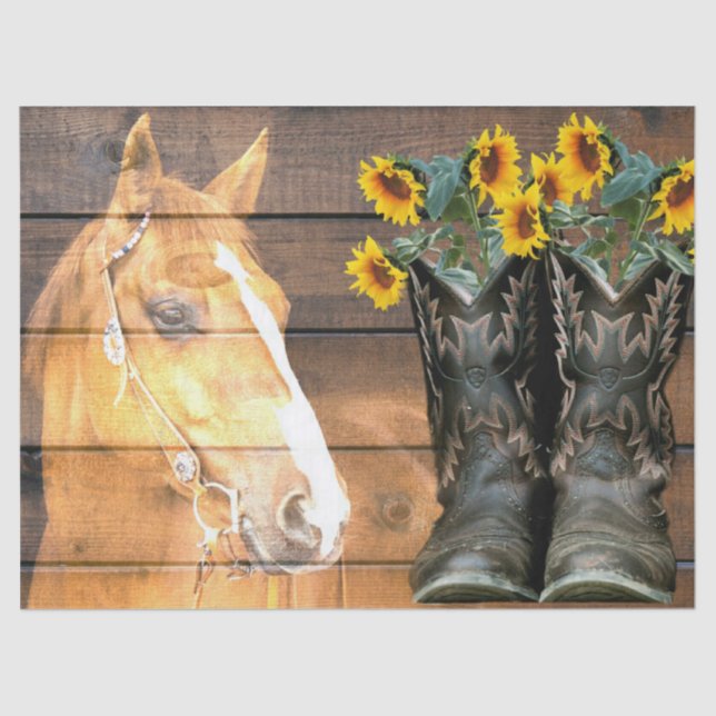 Western Style Horse And Cowboy Boots Sunflowers Tissue Paper (Front)