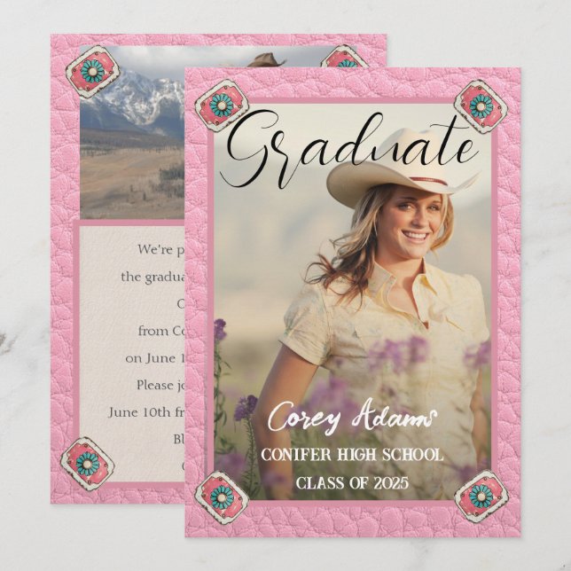 Western Style Pink Cowgirl Photo Graduation Invitation (Front/Back)