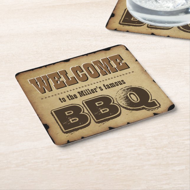 Western Style Welcome to our BBQ (customizable) Square Paper Coaster (Angled)