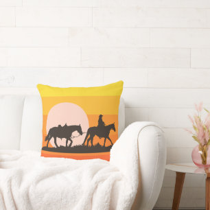 Western Sunset Cowboy Silhouette Throw Pillow