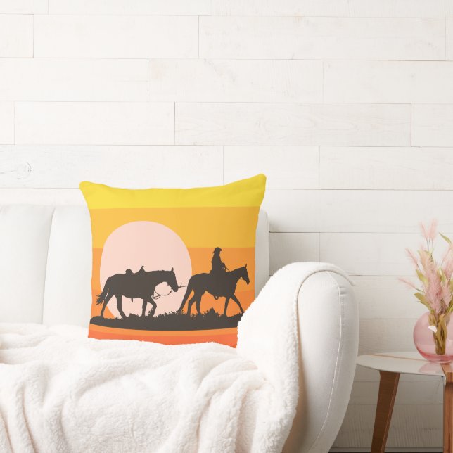 Western Sunset Cowboy Silhouette Throw Pillow (Couch)