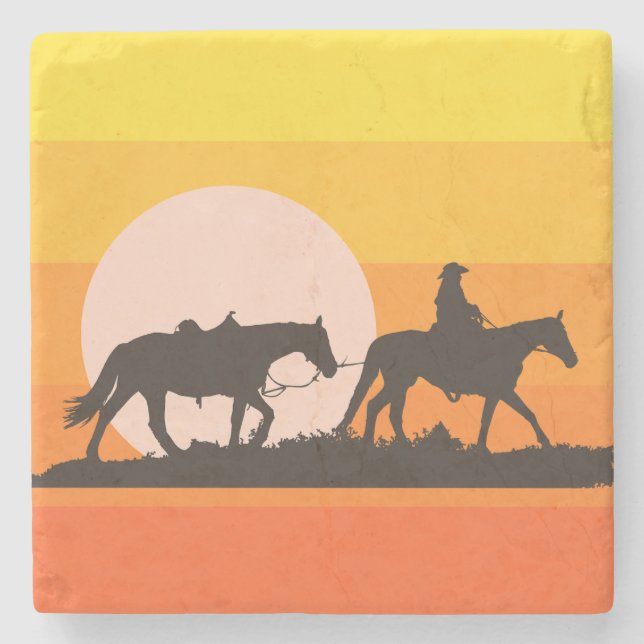 Western Sunset Cowboy Silhouette Throw Pillow Stone Coaster (Front)