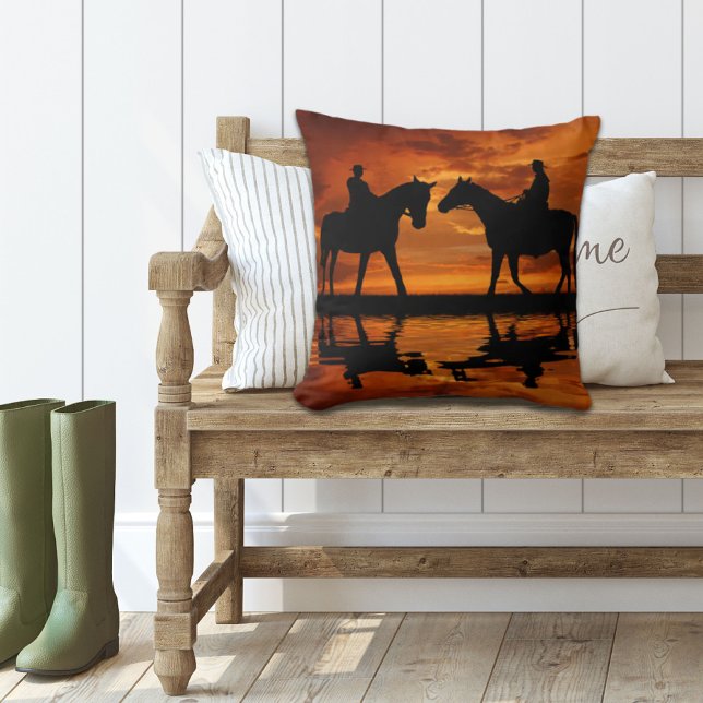 Western Sunset Horseback Riding cowboy silhouette Throw Pillow (Creator Uploaded)