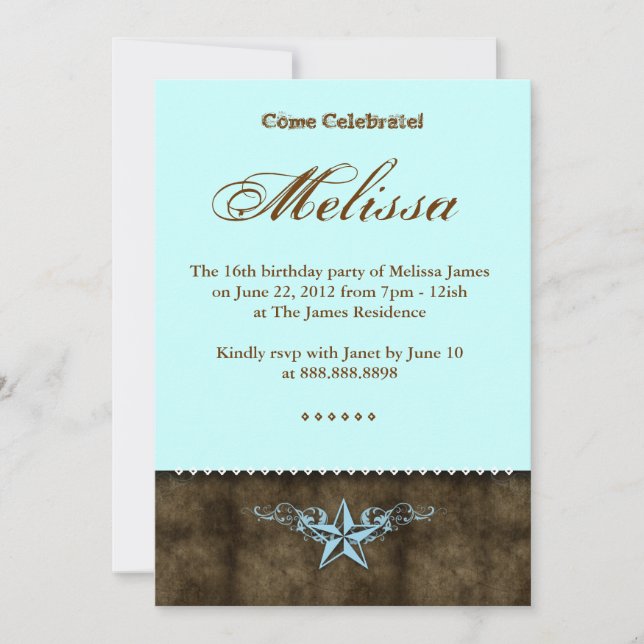 Western Sweet 16 Invitation Blue Star Brown (Devant)