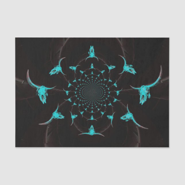 Western Teal Blue Black Rustic Country Cow Skull Tissue Paper (Front)