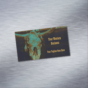 Western Teal Brown Gold Rustic Vintage Bull Skull Magnetic Business Card