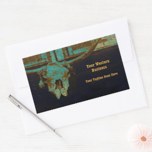 Western Teal Brown Gold Rustic Vintage Bull Skull Sticker