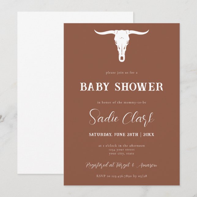 Western Terracotta Longhorn Baby Shower Invitation (Front/Back)
