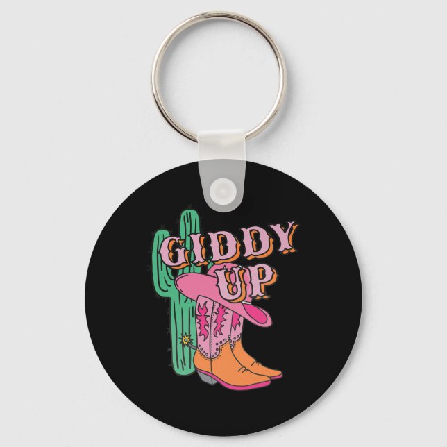Western Texas Giddy Up Cowgirl Cowboy Boots Cactus Keychain (Front)