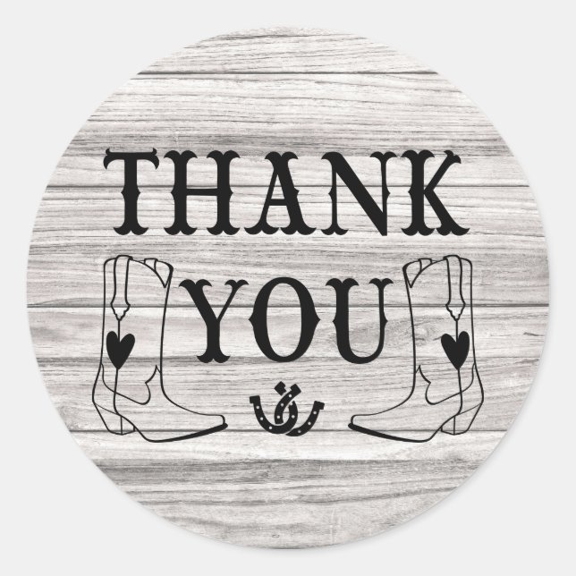 Western Thank You Wood Country Wedding Cowboy Boot Classic Round Sticker (Front)