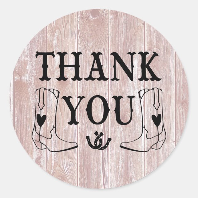 Western Thank You Wood Country Wedding Cowboy Boot Classic Round Sticker (Front)