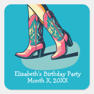 Western Theme Cowgirl Boots Girl Birthday Party Square Sticker