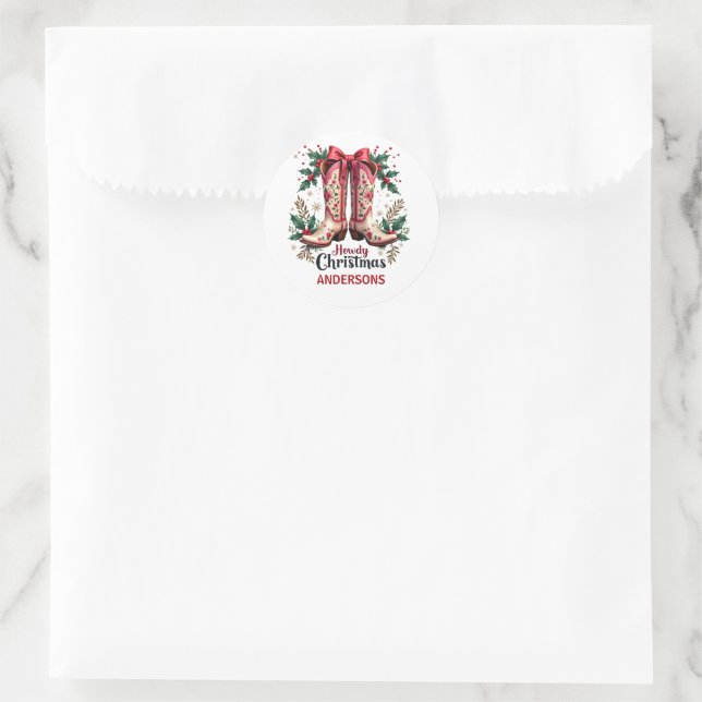 Western Theme Howdy Christmas Cowgirl Boots Classic Round Sticker (Bag)