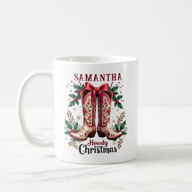 Western Theme Howdy Christmas Cowgirl Boots Coffee Mug (Left)
