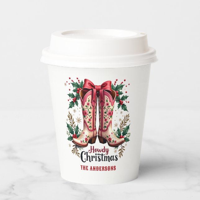 Western Theme Howdy Christmas Cowgirl Boots Paper Cups (Front)