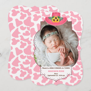 Western Theme Pink Cowgirl New Baby Photo Announcement