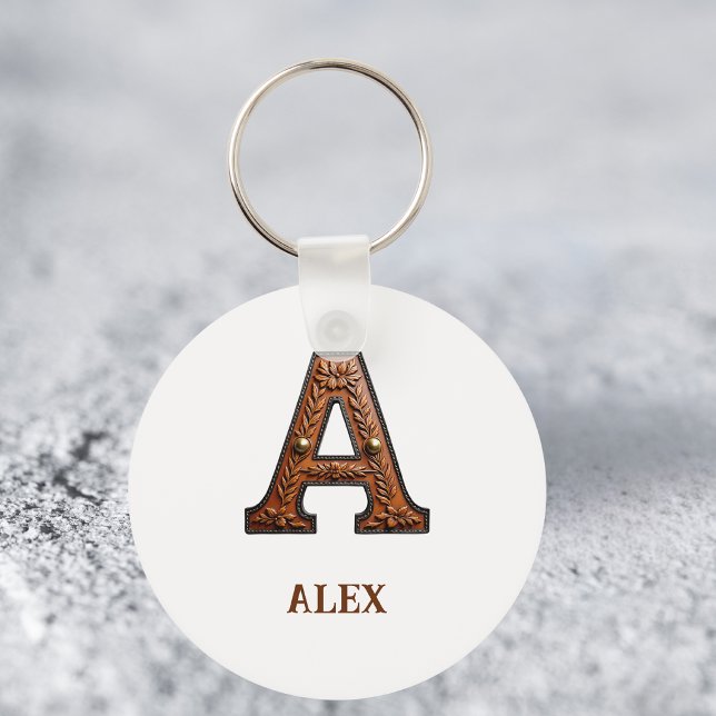 Western Tooled Leather Initial Monogram A Keychain (Creator Uploaded)