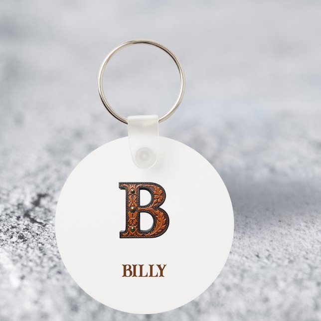 Western Tooled Leather Initial Monogram B Keychain (Creator Uploaded)