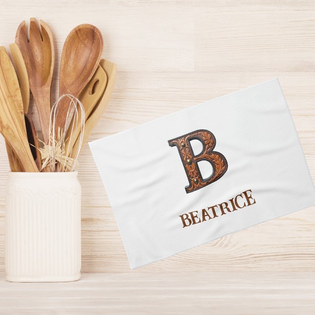 Western Tooled Leather Initial Monogram B Kitchen Towel (Creator Uploaded)