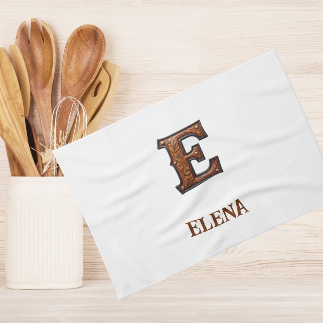 Western Tooled Leather Initial Monogram E Kitchen Towel (Creator Uploaded)