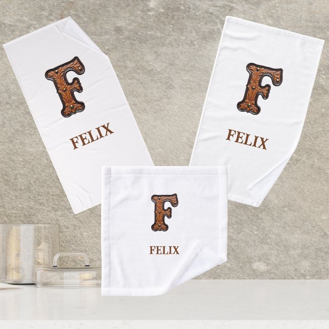 Western Tooled Leather Initial Monogram F Bath Towel Set (Creator Uploaded)