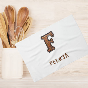 Western Tooled Leather Initial Monogram F Kitchen Towel