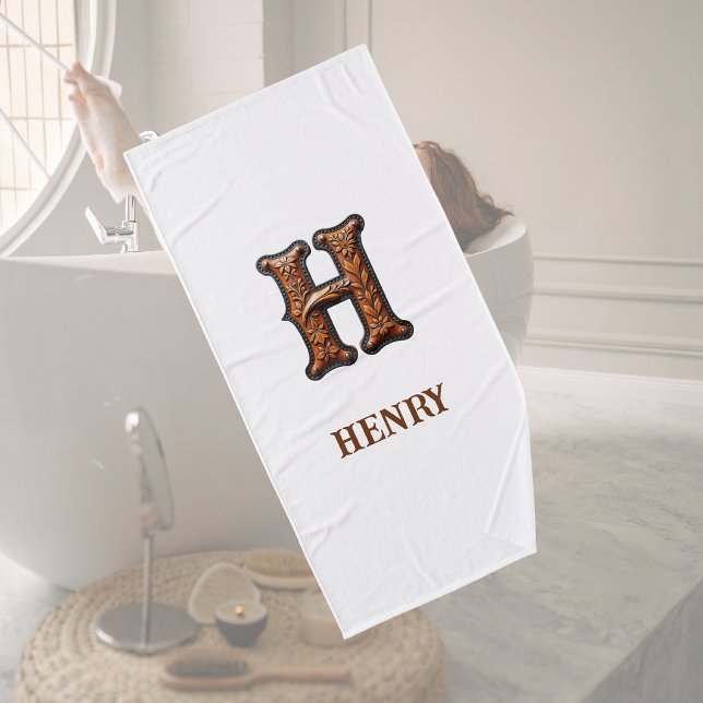 Western Tooled Leather Initial Monogram H Bath Towel (Creator Uploaded)