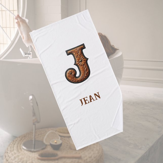 Western Tooled Leather Initial Monogram J Bath Towel (Creator Uploaded)
