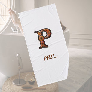 Western Tooled Leather Initial Monogram P Bath Towel