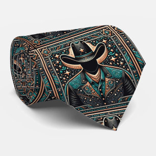 Western Tooled Leather Look Cowboy and Hat Tie