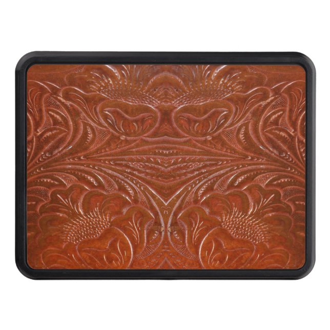 Western Tooled Leather-look Ranch-style Design Trailer Hitch Cover (Front)