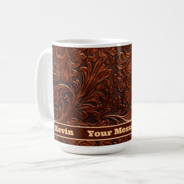 Western Tooled Leather Pattern Personalized  Coffee Mug (Front Left)
