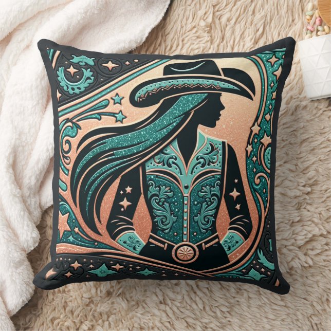 Western Tooled Leather Print Cowgirl Throw Pillow (Blanket)