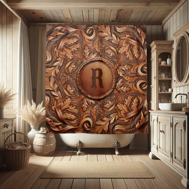 Western Tooled Leather Print Custom Initial  (Western Tooled Leather Collection 
Custom Initial Shower Curtain)