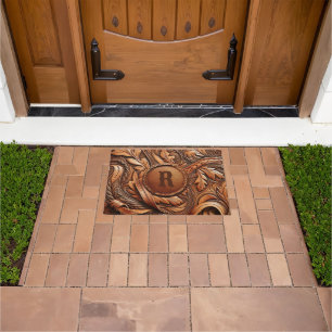 Western Tooled Leather Print Custom Initial Doormat