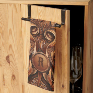 Western Tooled Leather Print Custom Initial Kitchen Towel