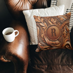 Western Tooled Leather Print Custom Initial Throw Pillow