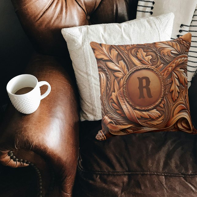 Western Tooled Leather Print Custom Initial Throw Pillow (Western Tooled Leather Collection 
Custom Initial Throw Pillow)