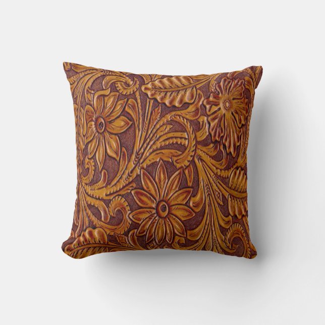 Western Tooled Leather Print Pillow (Front)