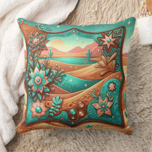 Western Tooled Leather Print Southwest Style Throw Pillow