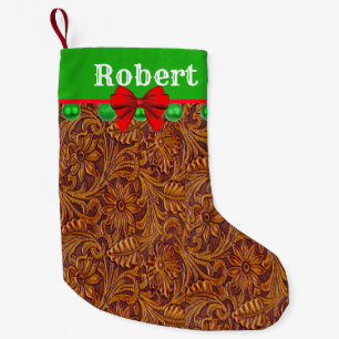 Western Tooled Leather Print With Ornaments Bow Small Christmas Stocking