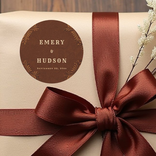 Western Tooled Rustic Terracotta Cream Wedding Classic Round Sticker (country rustic cowboy wedding sticker faux tooled leather terracotta rust western barn)